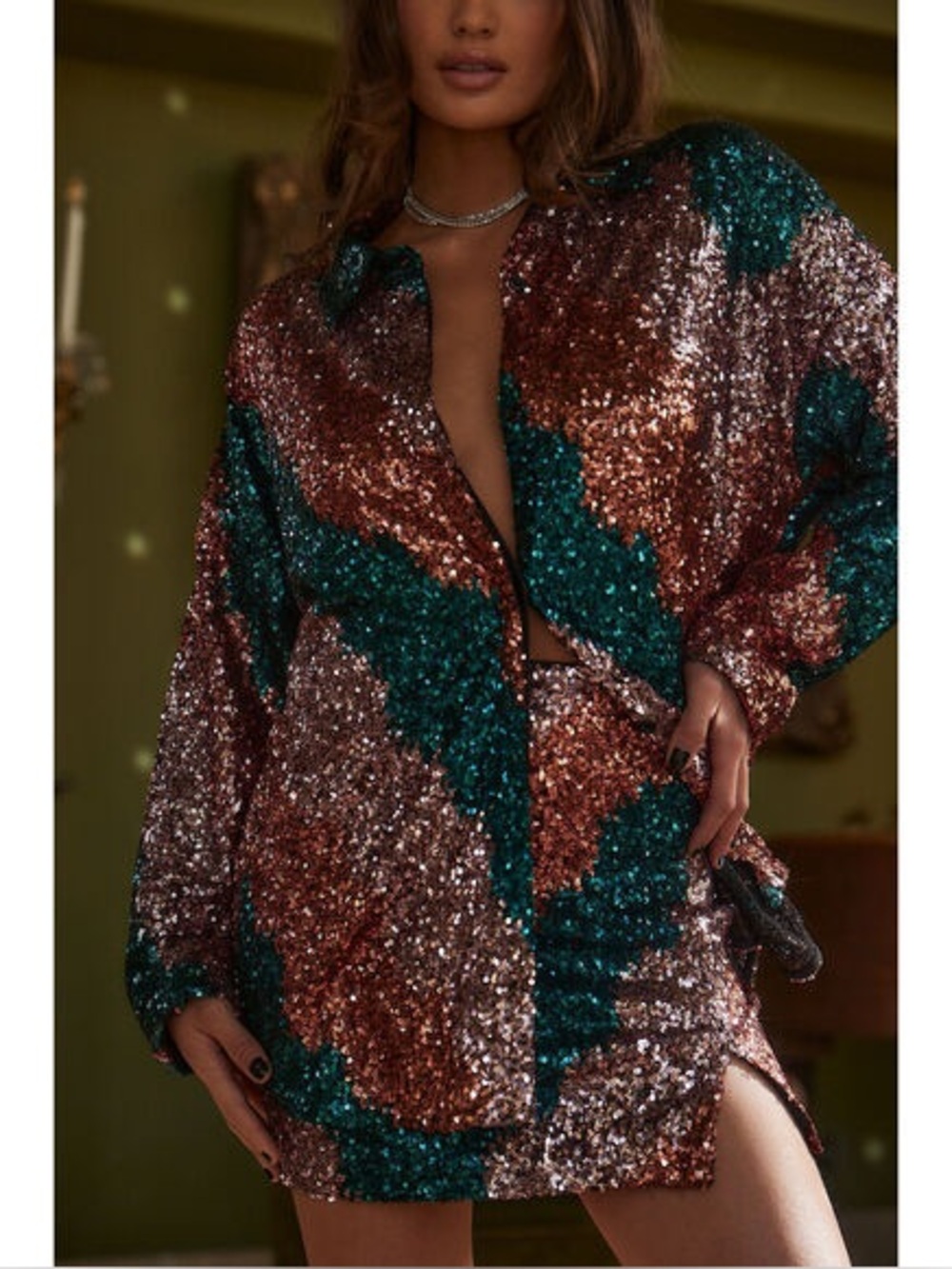 12th Tribe Genevieve Sequin Button Down Shacket Jacket Emerald Pink Green XL Top